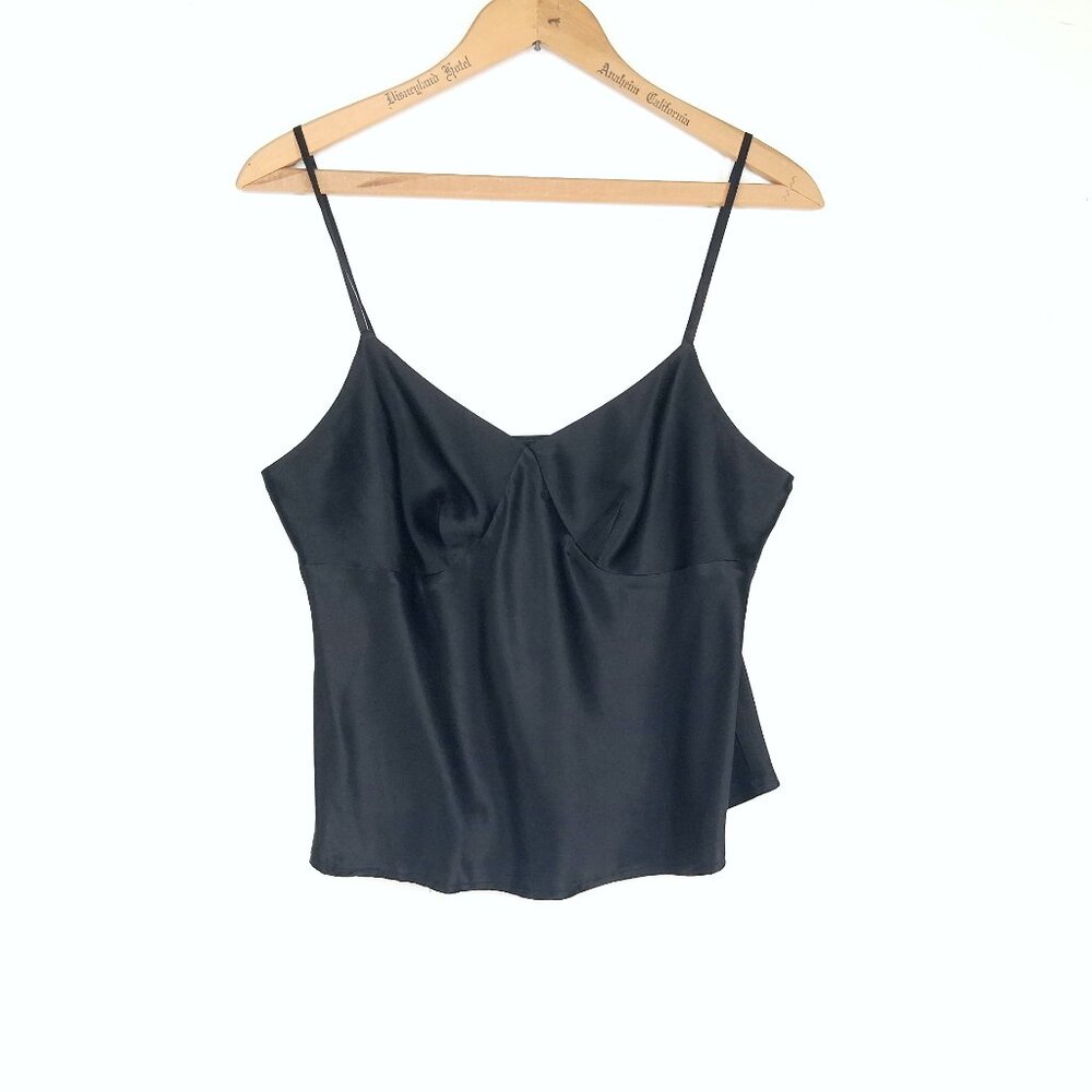100% Silk Satin Black Camisole V Neck Adjustable Spaghetti Strap Tank Top - Picture 3 of 9